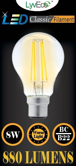 BC Clear LED 8 Filament 880 Lumens Gls Dimmable 2700K