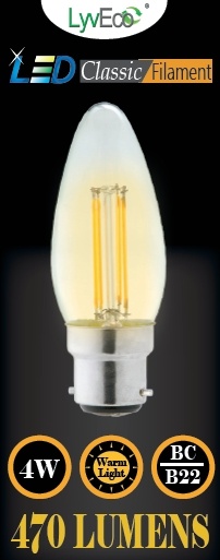 BC Candle Clear LED 4 Filament 470 Lumens Dimmable 2700K